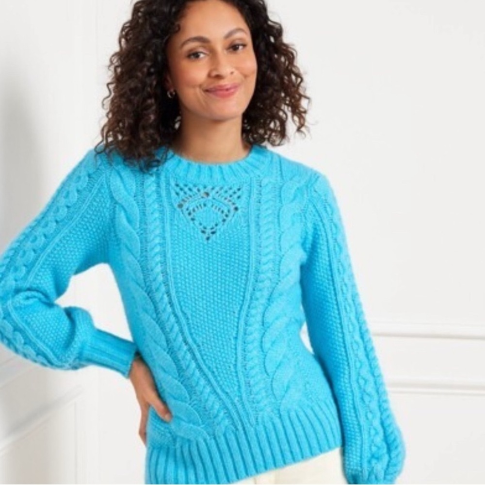 TALBOTS BELL SLEEVE TURQUOISE BLUE CABLE KNIT SWEATER NWT - SZ Small